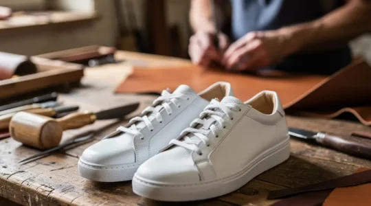 Baskets blanches durables sur établi bois atelier artisan français