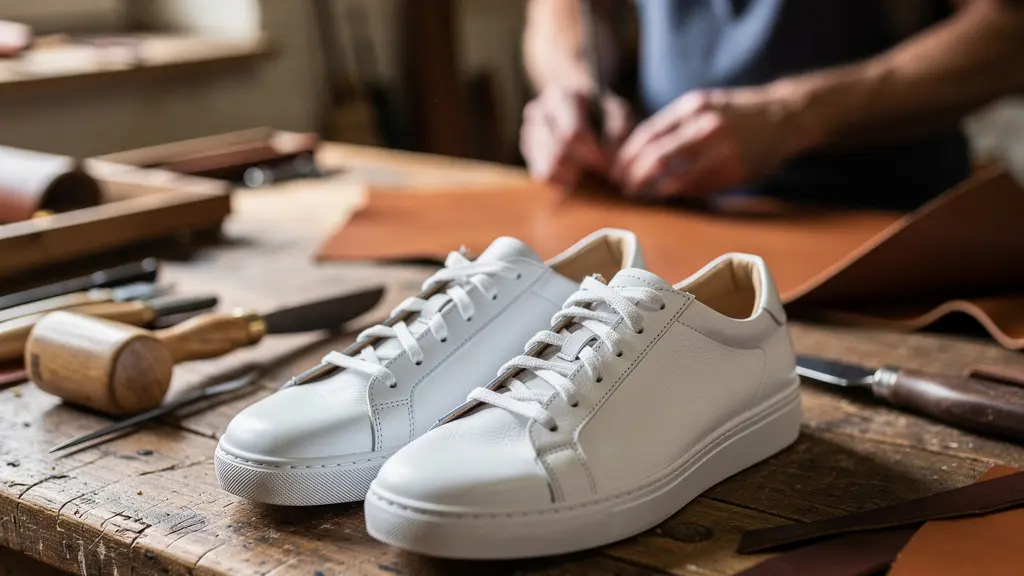 Baskets blanches durables sur établi bois atelier artisan français