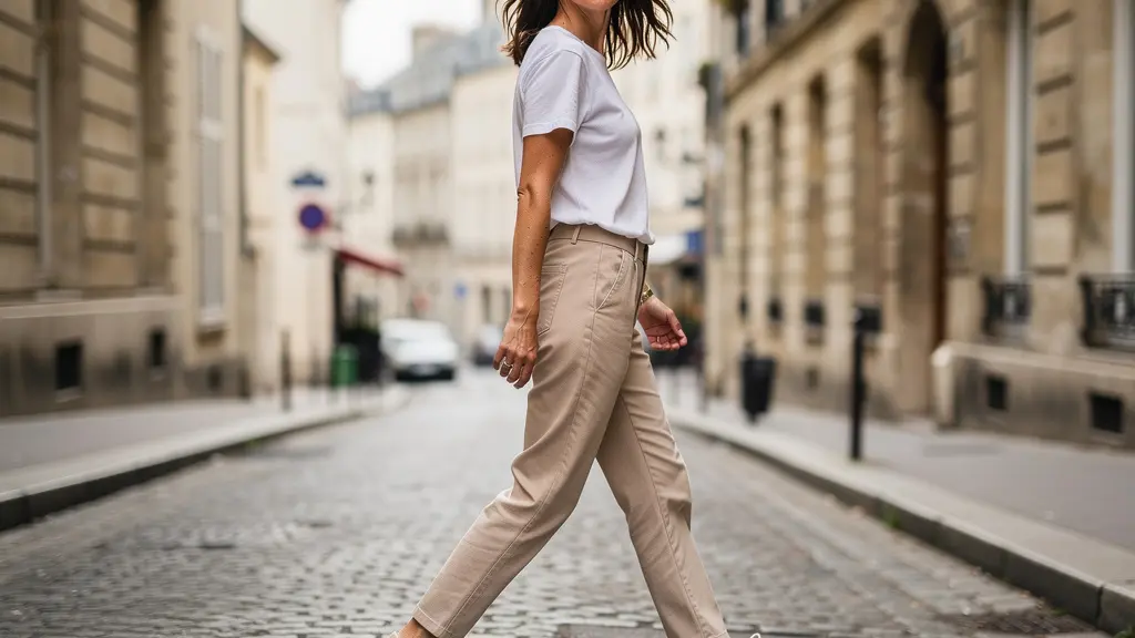 Femme marchant naturellement sur pavés urbains avec baskets durables blanches