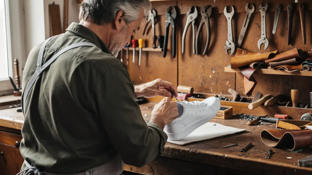 Artisan cordonnier français réparant semelle basket durable