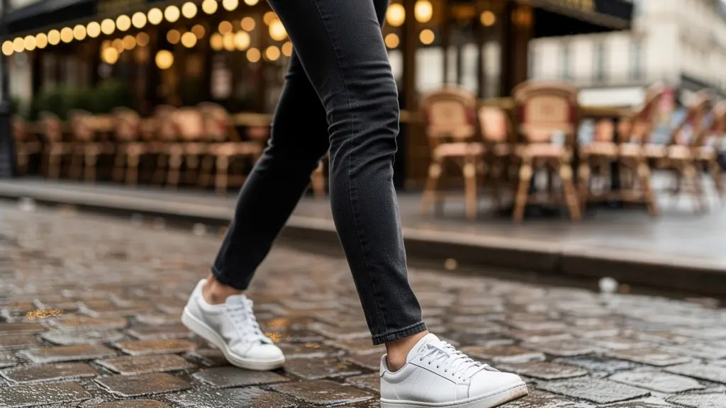 Personne portant baskets durables made in France en contexte urbain quotidien Personne portant baskets durables made in France en contexte urbain quotidien